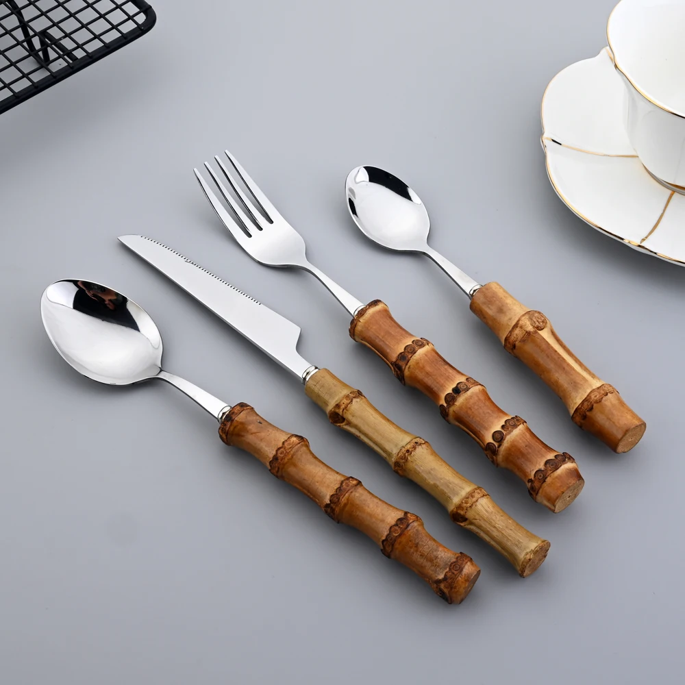 

Набор столовых приборов из нержавеющей стали с бамбуковой ручкой, 4/16/24 шт.