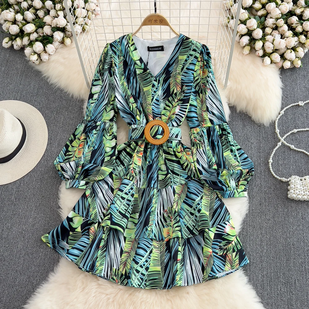 

VANOVICH 2022 Summer New Korean Style Temperament V-neck Waist Slimming Dress Lantern Sleeve Printed V-Neck Sashes A-line Dress