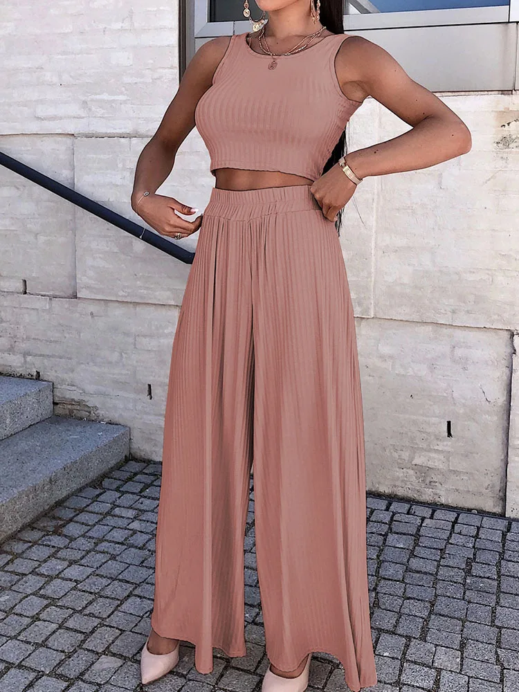 

Women Fashion Solid Skinny Sleeveless Vest Tops+ High Waist Trouser Summer Suit Elegant Fashion Streetwear Two Piece Set 2022