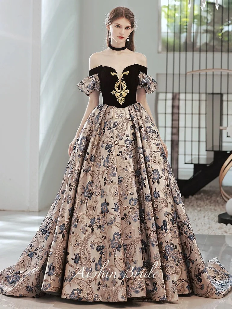 

Luxury Prom Dresses Jacquard Strapless Off Shoulder Detachable Sleeve Applique Vintage Flower A-line Velevt Party Evening Gowns