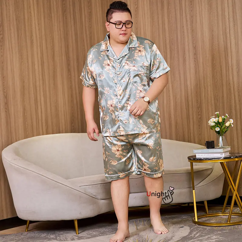 Summer Men's Pajamas Sets Silk Short sleeved Sleepwear Ice Silk Plus Size 7XL Pajama set Home Clothing Pyjamas Suit Home Wear