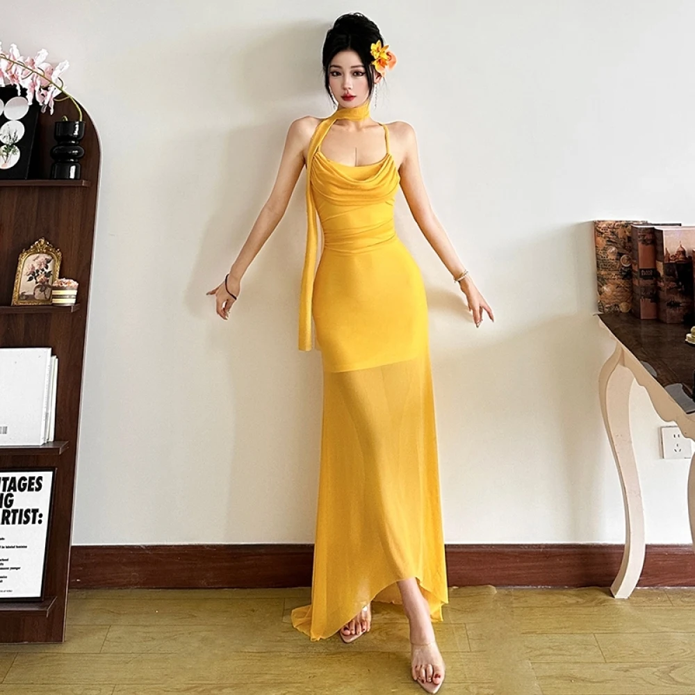 SylCue Сетчатые прозрачные платья макси Сексуальные с открытой спиной и открытыми