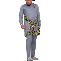 modern design patchwork shirt with solid grey pant cotton mens groom suit male nigerian fashion print african wedding outfits