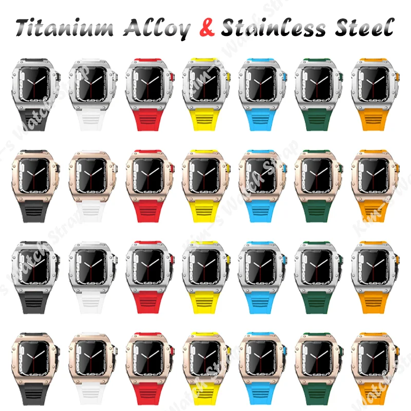 Titanium Alloy Stainless Steel Modification kit for Apple Watch 7 45mm Fluorine Rubber Strap for iWatch 6 SE 5 4 44mm Band Set