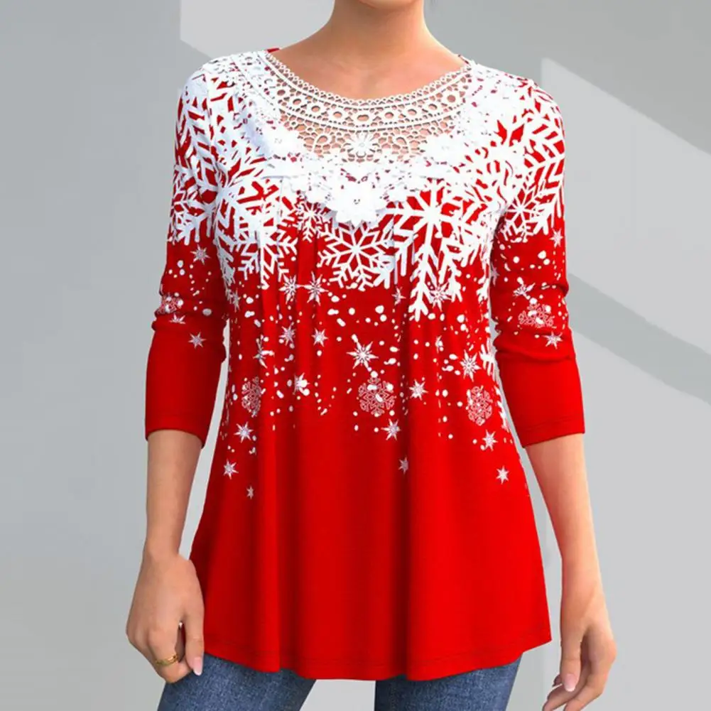 

Women Christmas Top O-Neck Long Sleeves Lace Stitching Snowflake Theme 3D Printed Blouse T Shirt Streetwear
