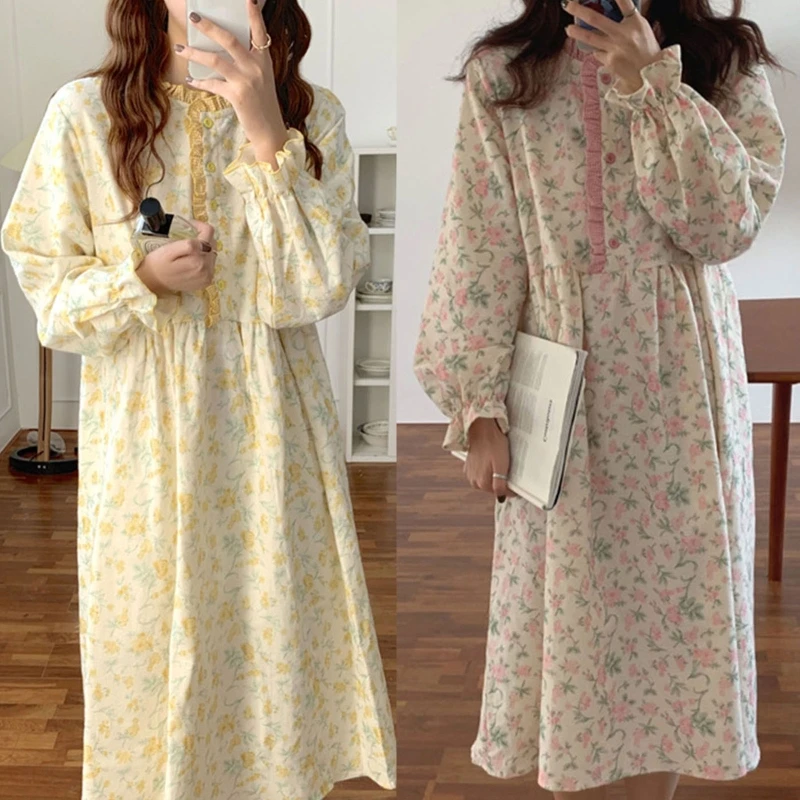 Women Puff Long Sleeve Nightgown Sweet Ruffles Trim Buttons Floral Print Sleep Dress Full Length Loose Pajamas Sleepwear 37JB