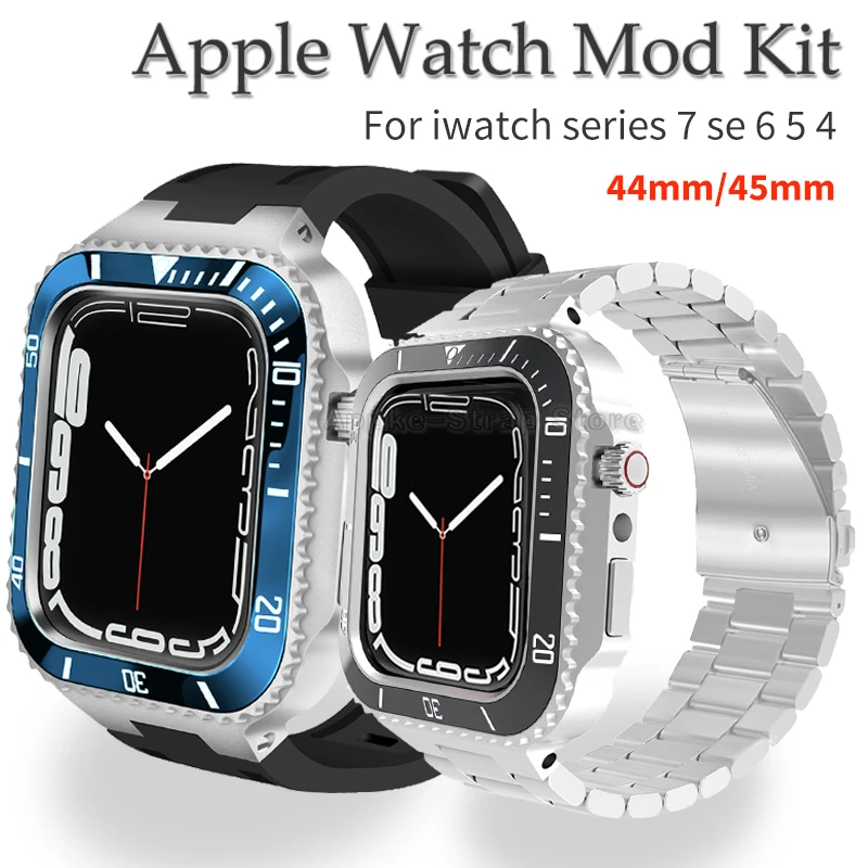 44mm Luxury Mod Kit for Apple Watch Band 7 45mm Metal Bezel Cover for iwatch series 6 se 5 4 Silicone Strap Steel Case Refit set