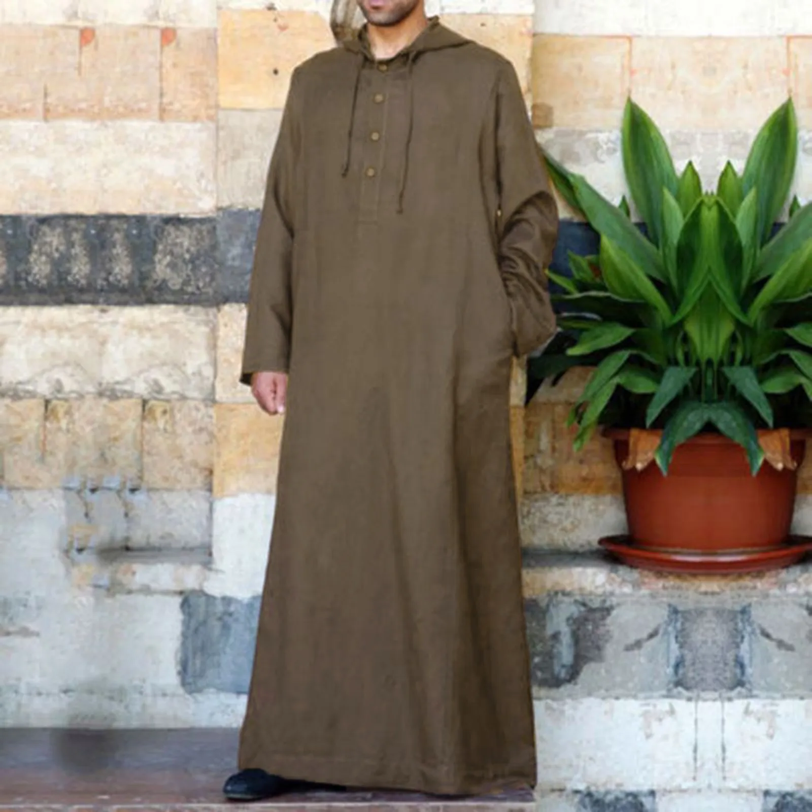 

Muslim Men Jubba Thobe Long Sleeve Hooded Breathable Robes Men Thobe Robe Loose Dubai Saudi Arab Kaftan Men Clothes