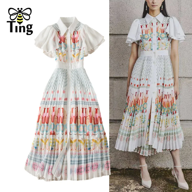 

Tingfly Vintage Elegant Floral Print Pleated A Line Party Dinner Dress 2022 Summer Ruffle Sleeve Midi Long Elbise Princess