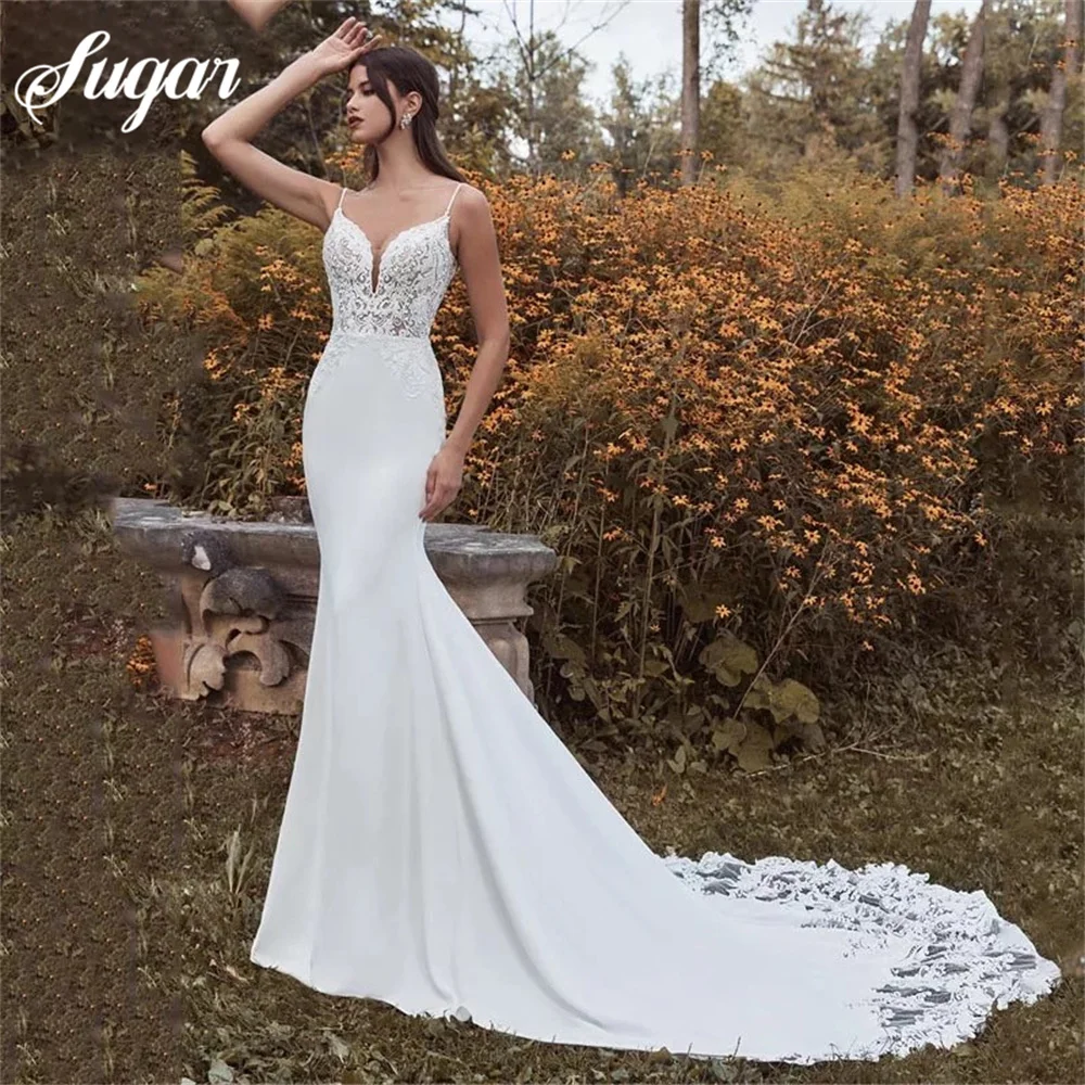 Купи Lace Mermaid Wedding Dress 2023 Spaghetti Straps V-Neck Sleeveless Elegant Bridal Gown Long Sweep Train Sexy Open Back за 4,500 рублей в магазине AliExpress