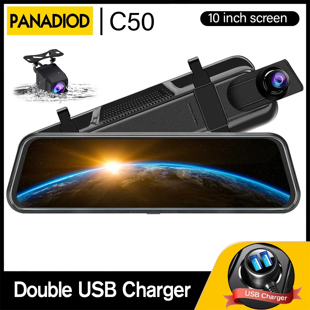 

1080P FHD 10 Inch Touch Screen Double USB Car Rearview Mirror For Auto Recorder Car DVR Dash Cam Dual Lens Night Vision