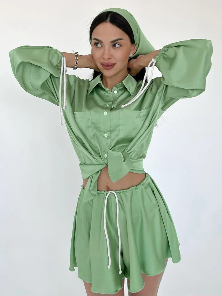 

alinemyer Satin 2 Pieces Sets Drape Lapel Shirts Lantern Sleeve Summer Holiday Outfit Wide Leg Shorts Women Suits Elegant Lady