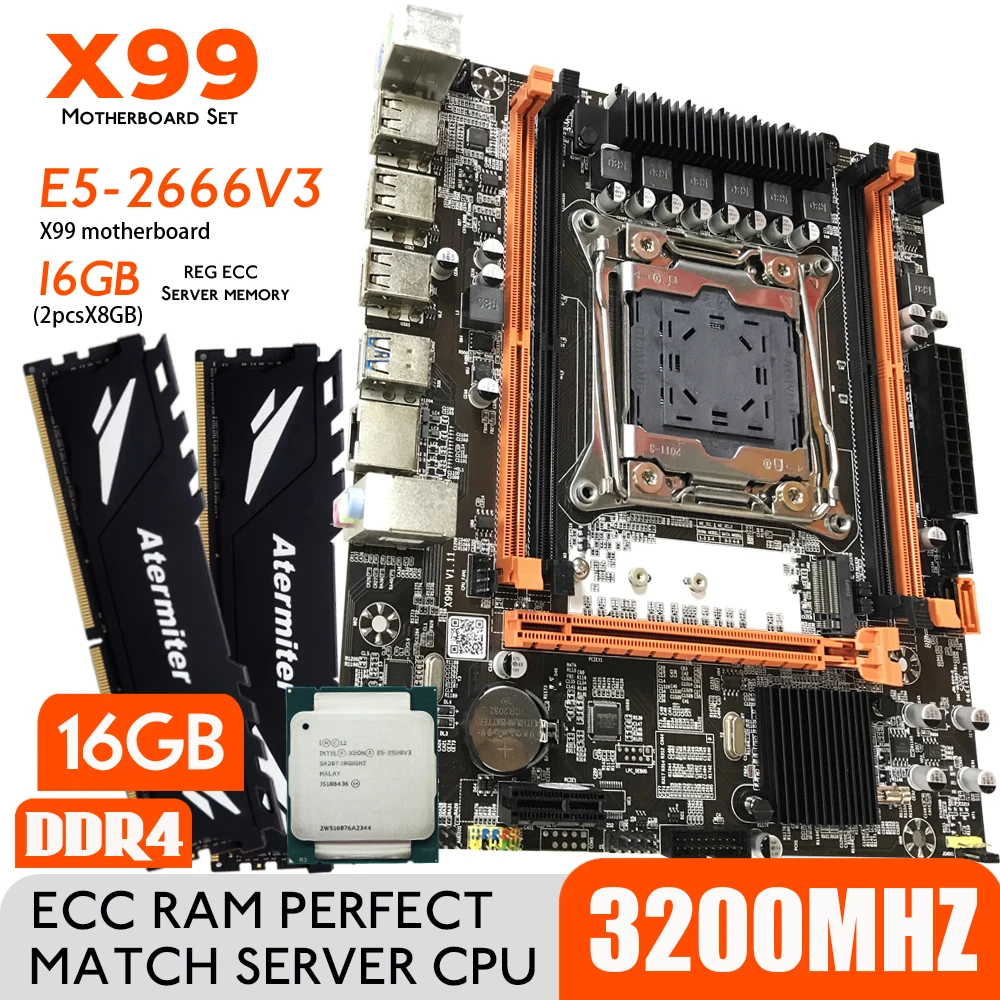 Комплект материнской платы Atermiter X99 DDR4 D4 с процессором Xeon E5 2666 V3 LGA2011-3 2 шт. X 8 ГБ = 16