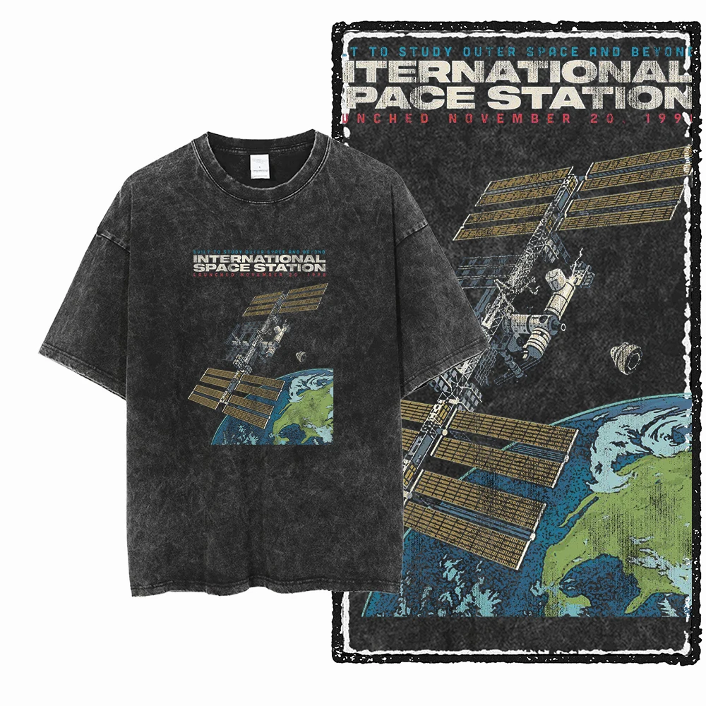Фото SA ASTRONAUT SPACE THEMES Хлопковая футболка унисекс с принтом Acid Washed Graphic Крутая уличная мужская футболка большого размера для мужчин №2