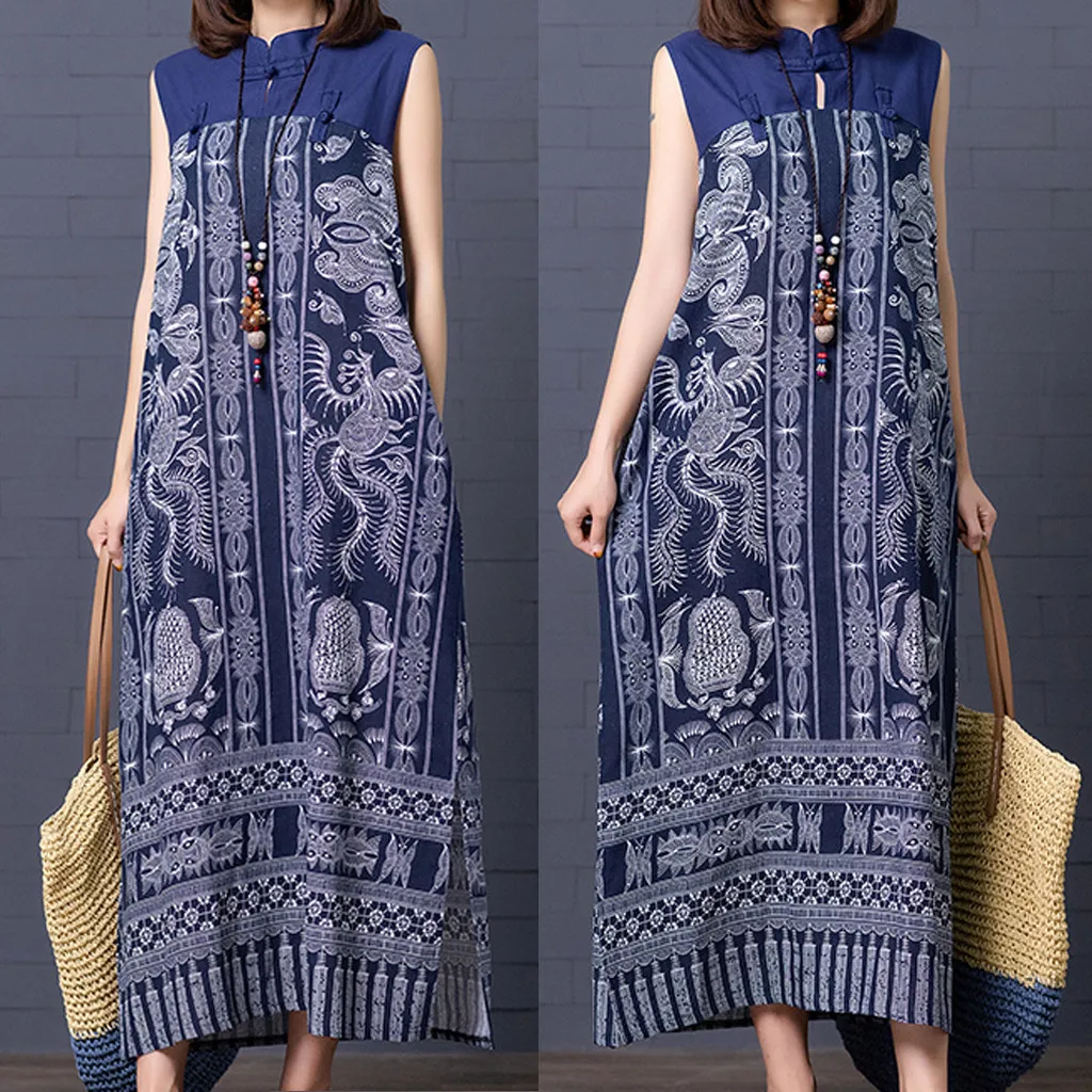 

Размера плюс женское льняное платье с принтом, свободное повседневное длинное женское платье без рукавов с круглым вырезом, повседневное л...