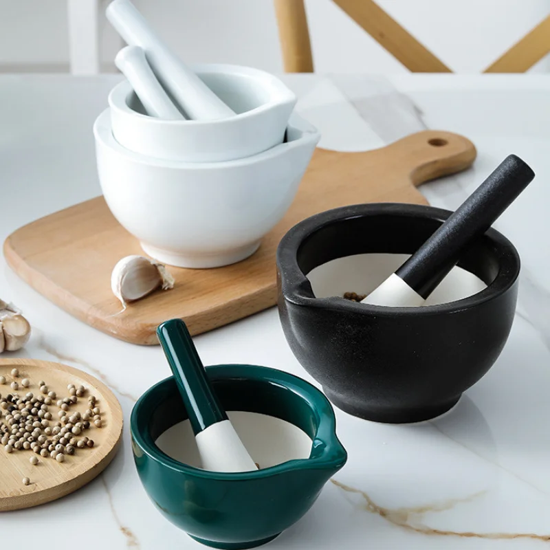 Porcelain Mortar and Pestle Spice Garlic Herb Grinder Mixing Grinding Bowl Crusher Set Restaurant Kitchen Tools