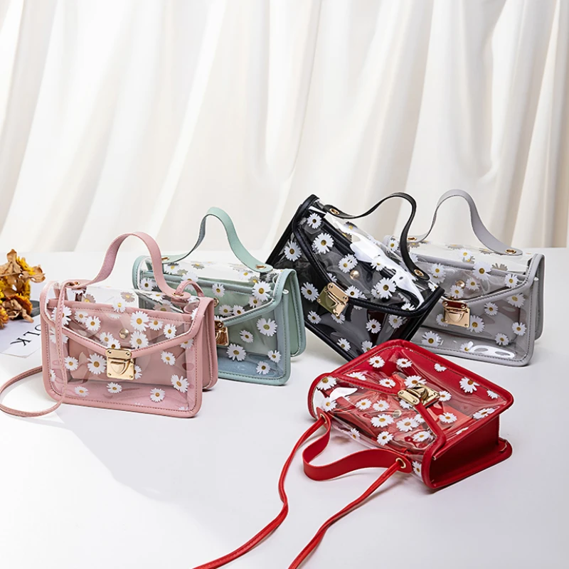 

2022 Fashion Women Transparent Daisy Pattern Shoulder Bag Hardware Chain Strap Color Block Messenger Handbag Composite Tote sac