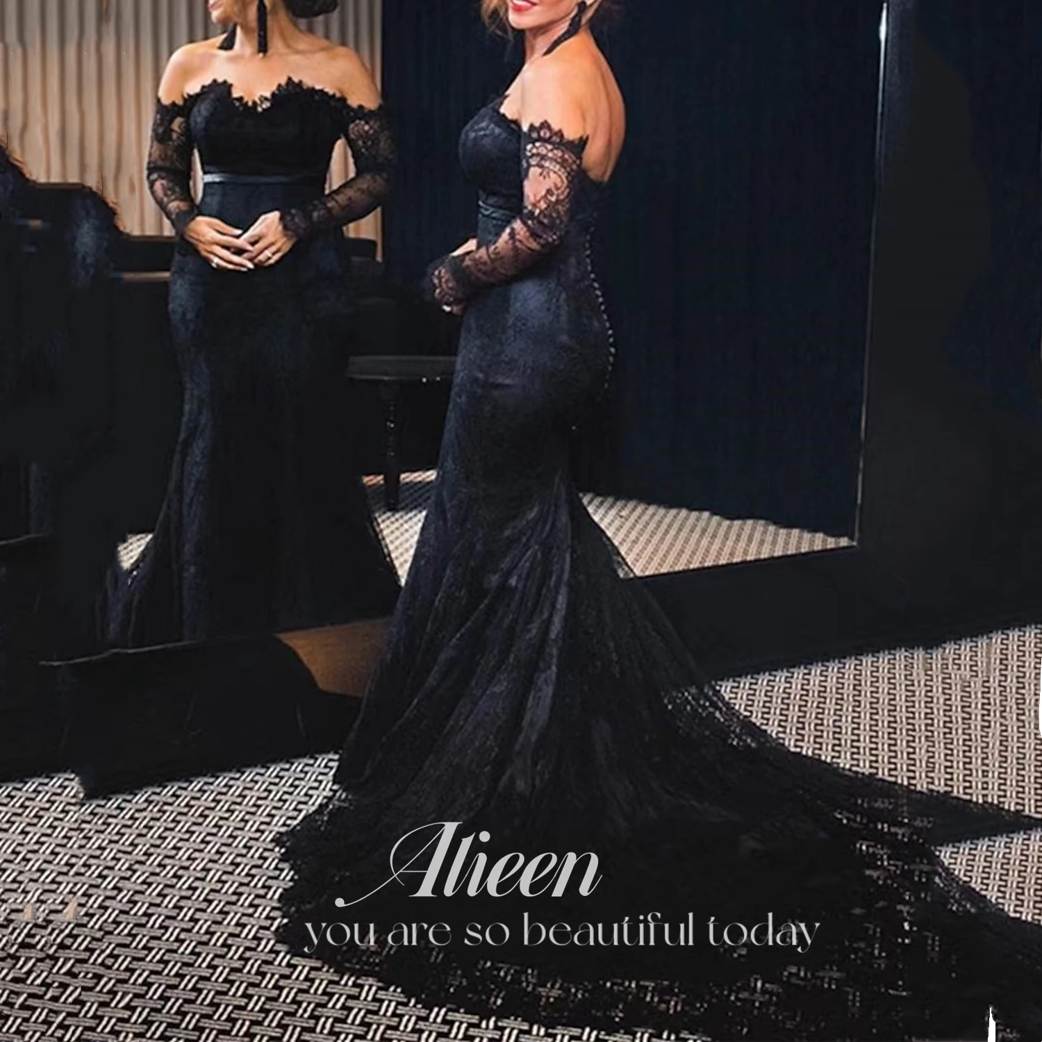 

Black Lace Mermaid Evening Dresses Court Train Off The Shoulder Long Sleeves Sexy Elegant Formal Party Gowns Custom Made Dress