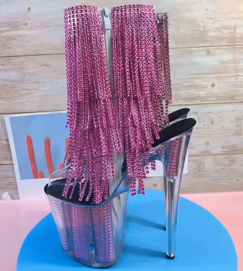 

Pole Dance Shoes Rhinestone Fringe Ankle Platform Boots Peep Toe Sexy Fetish 20Cm Nightclub Stripper Heels Women Lacing 7Inch