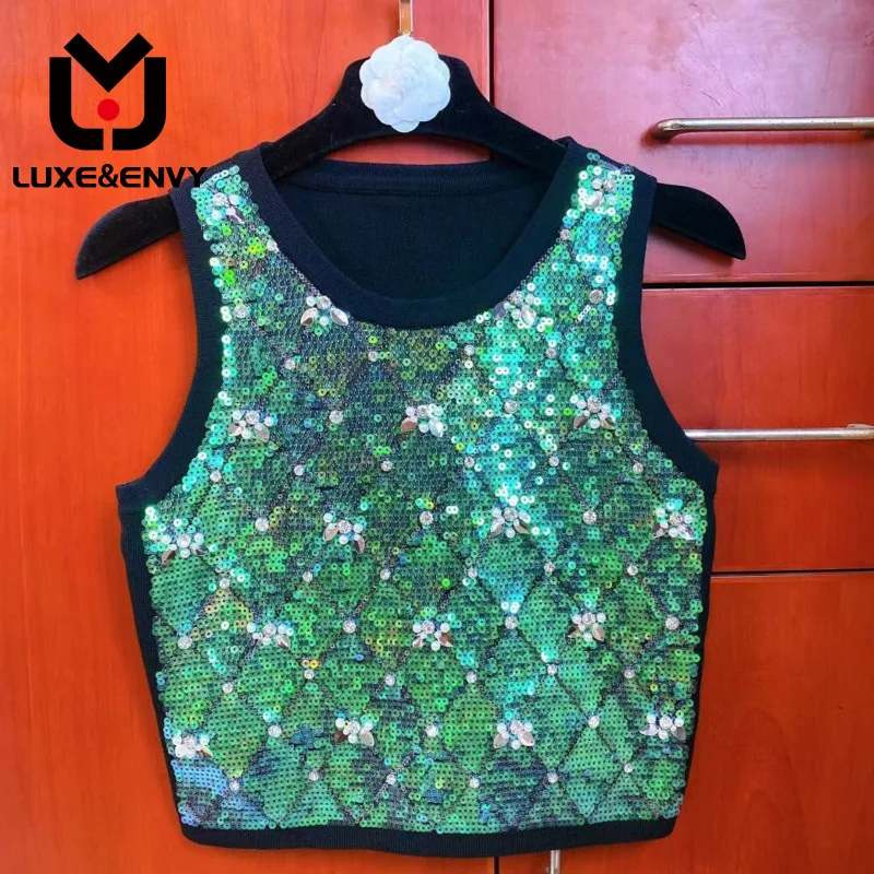 

LUXE&ENVY Sequin Colorful Top 2023 Summer New Style Underlay Slim Fit Street Sleeveless Knitted Tank Top Strap Sexy T-shirt