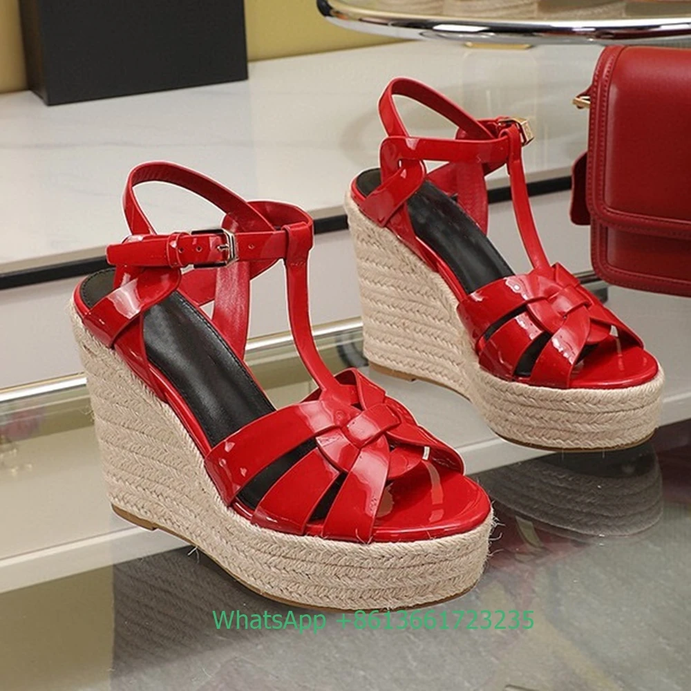 

Women Cross Straps Open Toe Wedges Sandals Solid Color Open Toe Real Patent Leather Espadrilles Shoes Newest Summer 14cm Heels