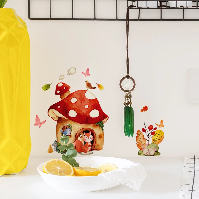 

1pc Animal Pattern Wall Sticker Mushroom House Fox Rabbit Background Wall Decoration Wall Decal