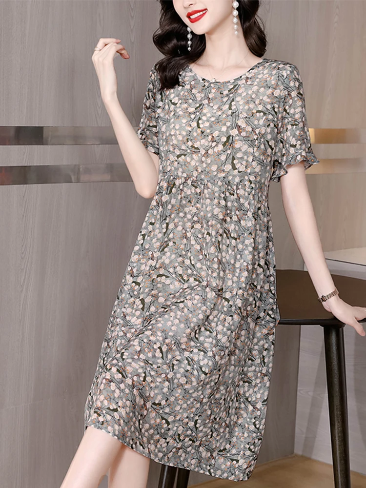 2023 New Summer Floral Casual Dress Women Mulberry Silk Maxi Elegant Beach Loose O-Neck Korean Fashion Vintage Midi Chic Dress