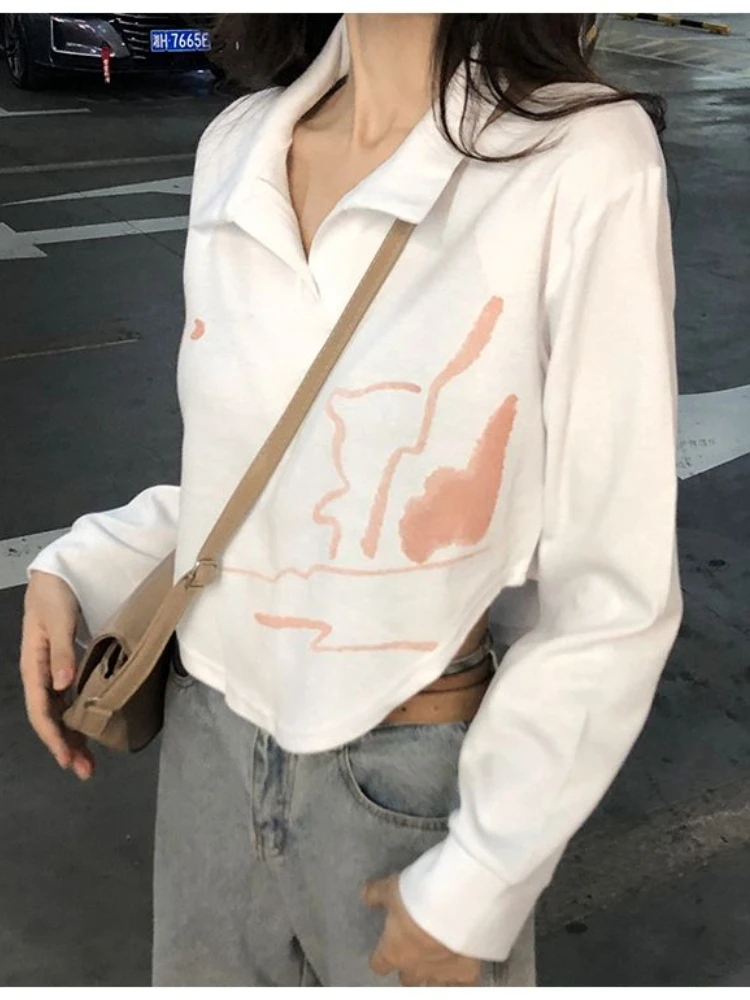 

Deeptown Korean Fashion Hand-Painted Print White Crop Tee Women Y2k Sweet Irregular Black Long Sleeve Top Kawaii Casual T-shirts