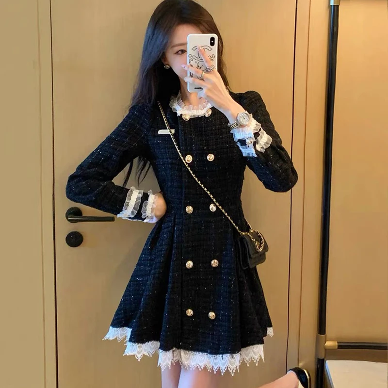 

Новинка 2023, Осеннее черное твидовое мини-платье для женщин, милое Повседневное платье в стиле пэчворк с кружевом, двубортное элегантное женское платье