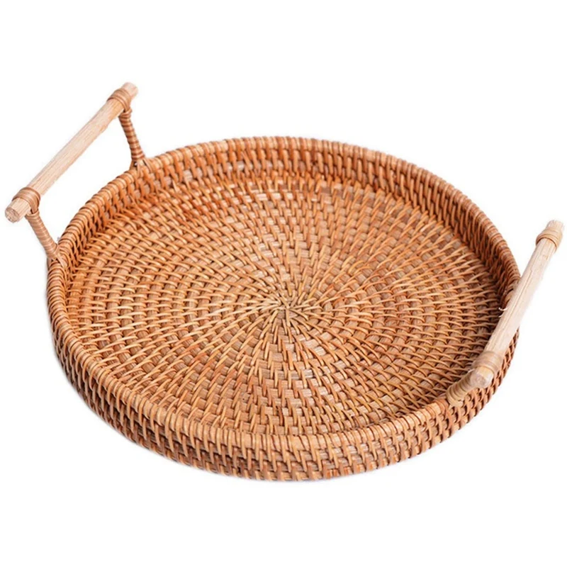

Rattan Basket, Autumn Rattan Weave Storage, Brown Washable Basket, Round Storage Tray, Handles on Both Sides