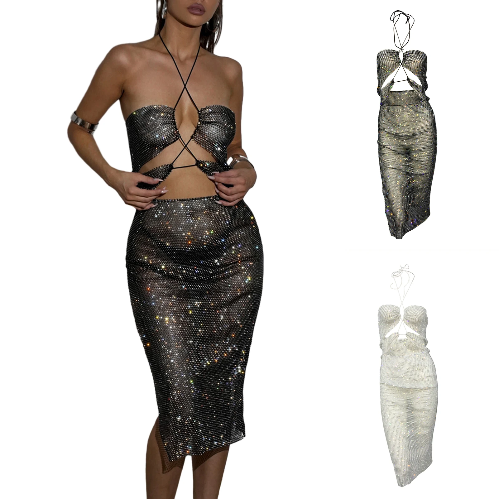 

Women Sexy Fishnet Dress See Through Halter Sling Dress Glitter Sleeveless Midi Dress Skinny Night Club Dress