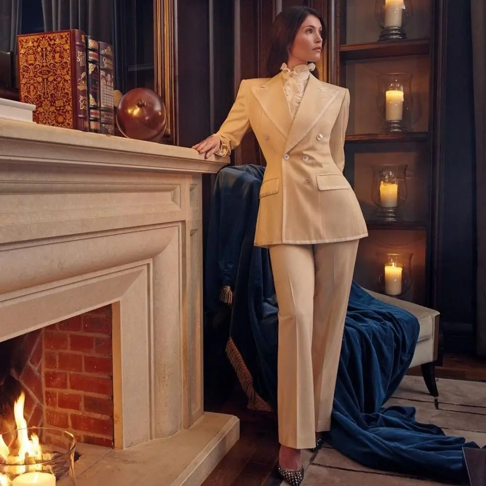 Noble Lady Blazer Suits Double Breasted Long Sleeve Two Pieces Outfits Evening Party Wedding Wear (Jacket+Pants)