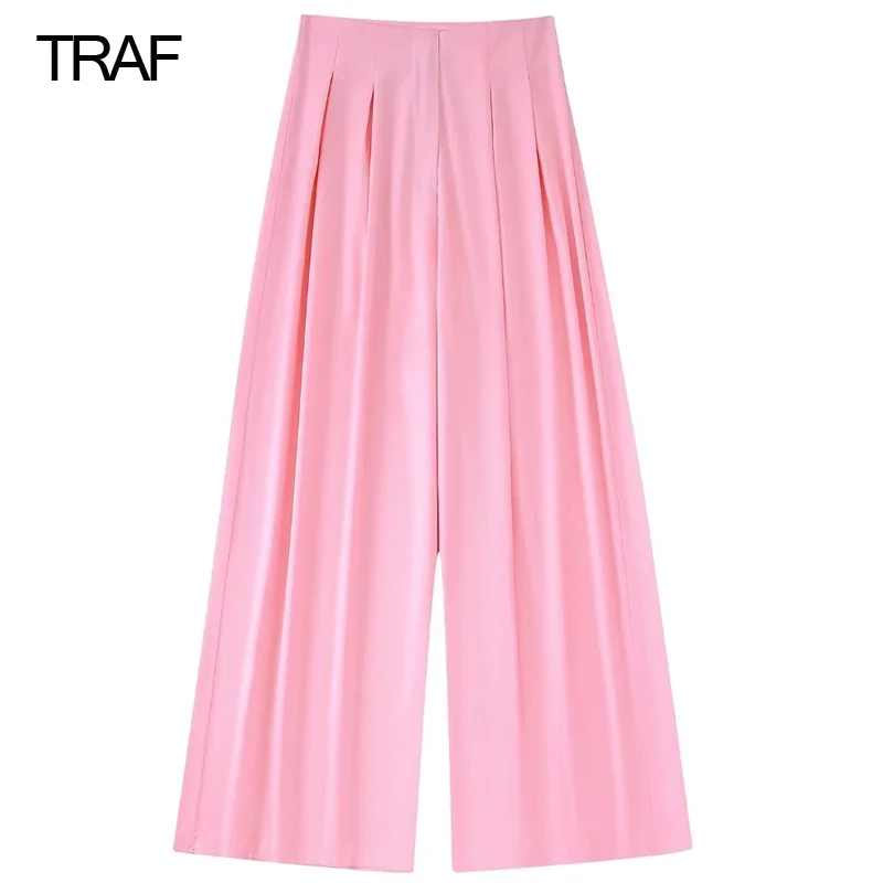 

Женские розовые брюки TRAF Y2k, элегантные стильные брюки с высокой талией и широкими штанинами для женщин, повседневные элегантные Брючные ко...