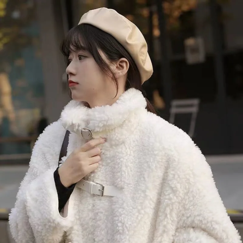 Women Coats Harajuku Lambs Wool Fleece Coat Streetwear Black White Oversized Hoodie Sweet Korean Style Winter Fashion 2023