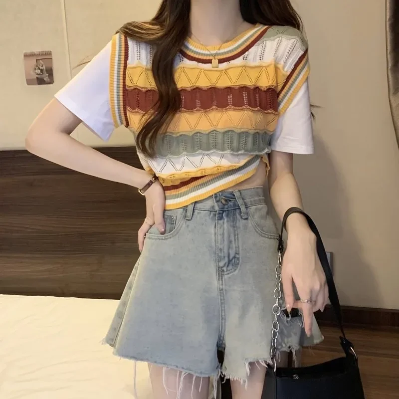 Иллюзионная футболка с круглым вырезом и цветными блоками полосатая вязаная