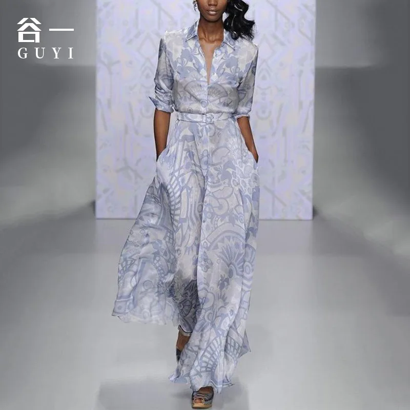 

2022 Women's waist button down print dress