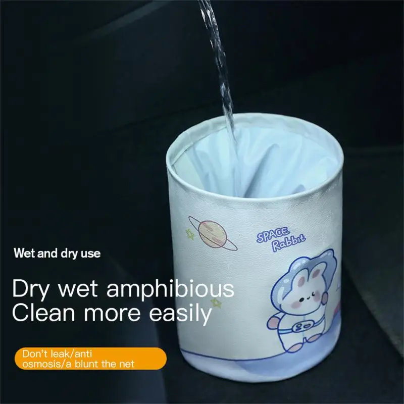 

Waterproof Cartoon Sundries Bucket Cute Foldable Leathery Car Trash Can Leather Storage Bucket Folding Storage Bag Portable