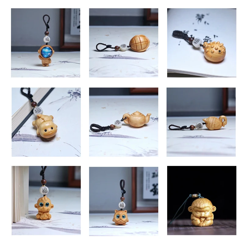 

Free Shipping Cute Woodwork Wood Carving Animal Cheap Sculptures & Figurines Key Chain Car Pendant Kawaii Decoration Accessories