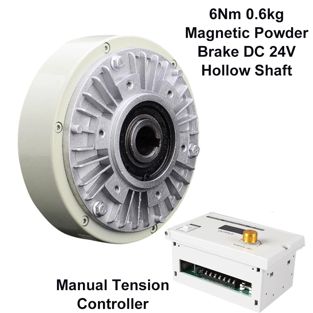 6Nm 0.6kg Magnetic Powder Brake DC 24V Hollow Shaft & 3A 24VDC Manual Tension Controller Kit for Printing Packaging Machine