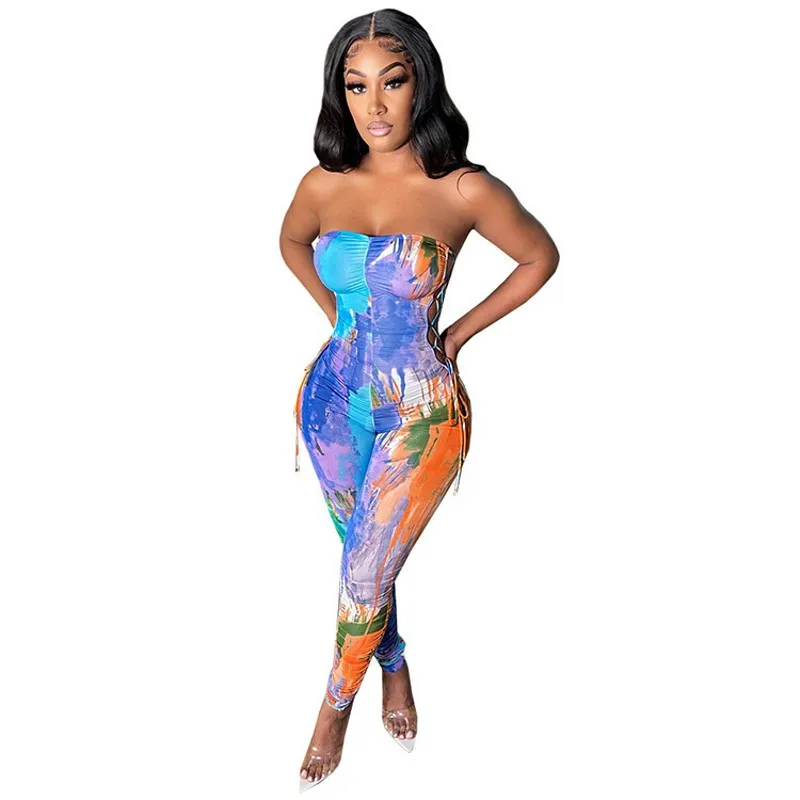 

Tie Dye Jumpsuit Women Strapless Side Hollow Out Romper Playsuit 2022 Summer New Bodycon Bandage Sexy Clubwear Jumpsuit Bodysuit