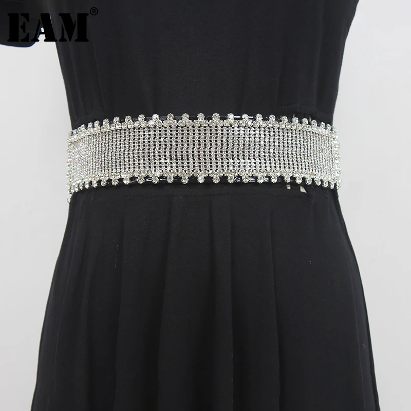 

[EAM] Black Shining Rhinestones Elastic Wide Belt Personality Women New Fashion Tide All-match Spring Autumn 2023 1DF1276