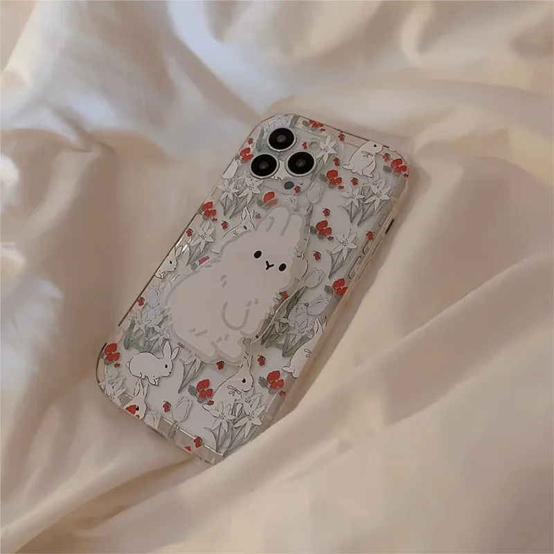 Korea Flower Rabbit with Stent Phone Case For iphone 14 13 12 11 Pro Max X XR XSMAX 7 8 Plus SE TPU Cute Case Cover New Products