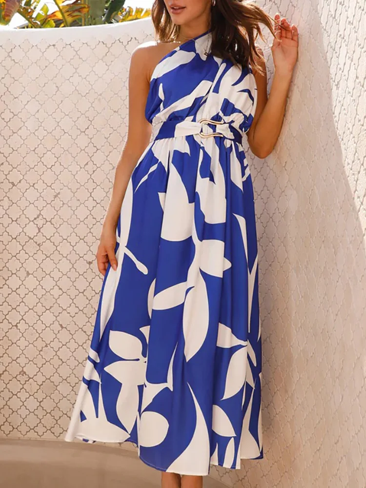 

Femme Chic Summer Inclined Shoulder Dress Party Club Women Elegant Ankle-Length Dress Casual Sleeveless Print Dresses With Belt