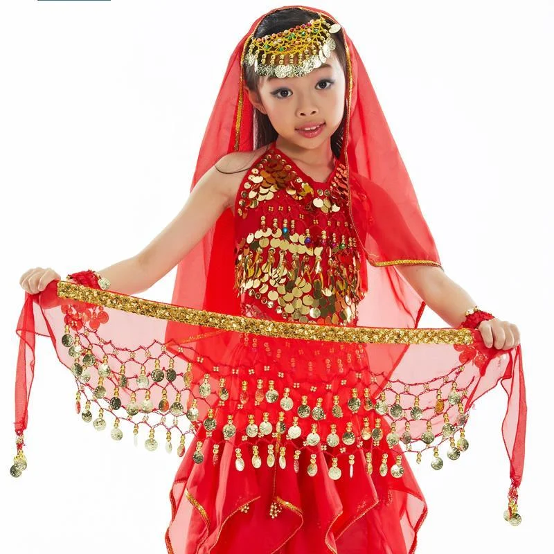 

Dancer Children Chiffon belly dance Waist Chain 3 Rows of Shiny Pieces Chain Edge Children belly dance Indian Waist Chain Waist