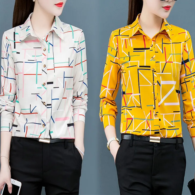 

Printing Women's Shirt 2022 Chiffon Blouses for Women Patchwork Long Sleeve Top Fashion Polo Neck Clothing Female Basic Shirt OL