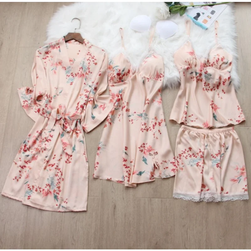 

Халат женский Шелковый с цветочным принтом, атласный костюм из четырех предметов, шорты с принтом, на лето