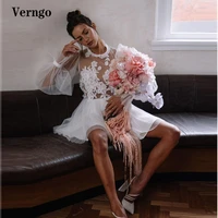 verngo 2022 new white pleated tulle short prom dresses puff long sleeves o neck 3d flowers mini faiy party gowns dance skirt
