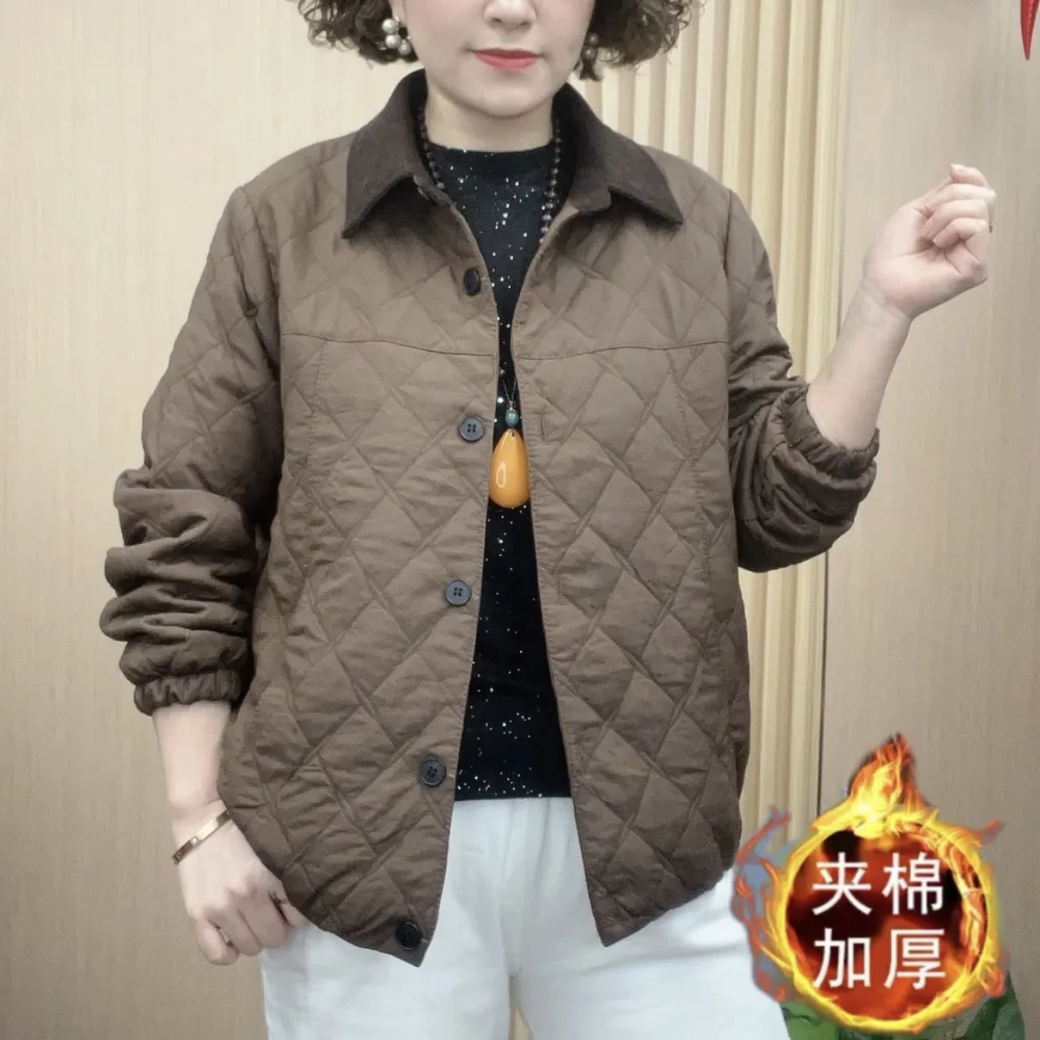 2024 Winter Temperament Fashion Mother Lapel Rhombus Cotton-padded jacket Top Warm Cotton-Padded Jacket Western Sle Age-Red...