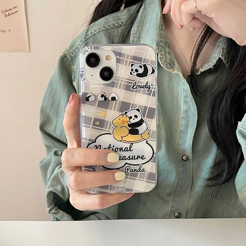 Panda Animal Phone Case For iPhone 12 Pro Case 13 14 Pro Max 11 Plaid double side phone case imd Shockproof Protection