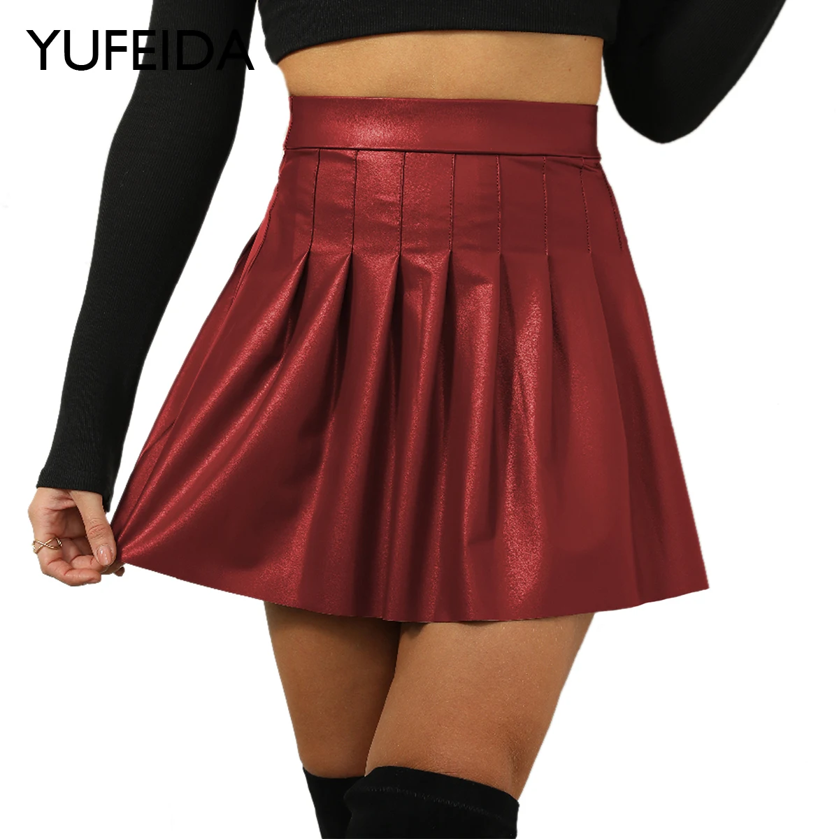 

YUFEIDA Leather Mini Pleated Skirts Women Sexy Mini Skirt Ladies Leather Nightclub Costume Skirt Party Clubwear A-Line Miniskirt